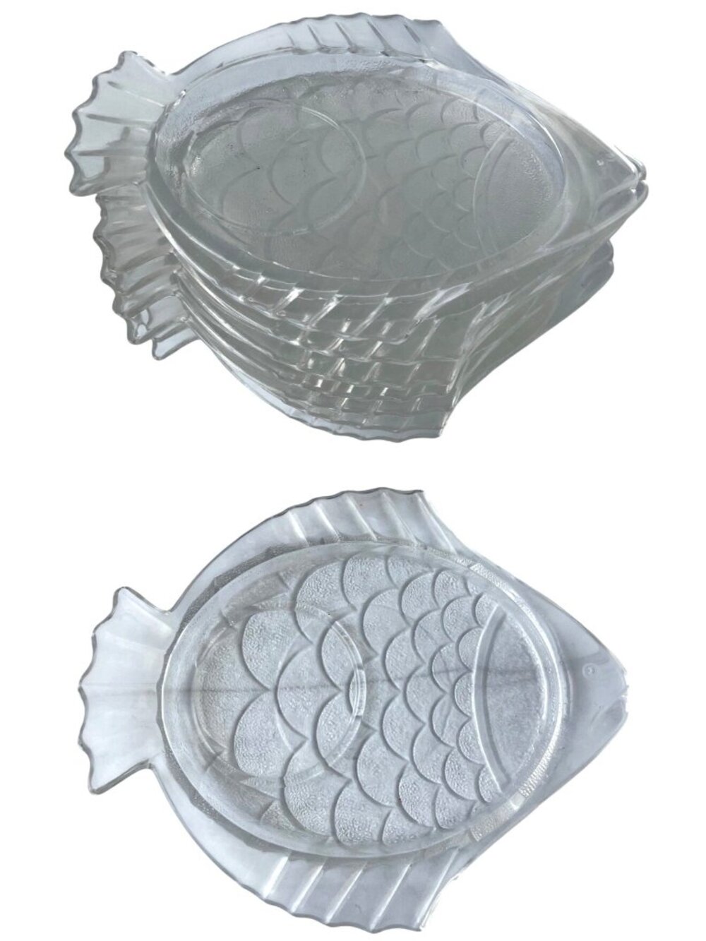 8 Clear Textured Glass Fish-Shaped Snack/Bar/Appetizer Plates Coastal Decor